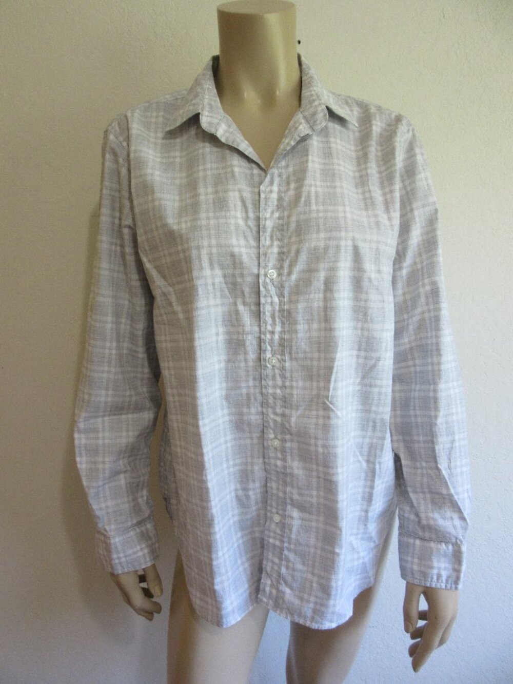 Frank & Eileen Gray and White Plaid L Long Sleeve Cotton Button Blouse